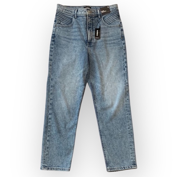 Express NWT Mom Jeans Super High Rise Moto Pockets Light Wash Women's 8 - Picture 1 of 9
